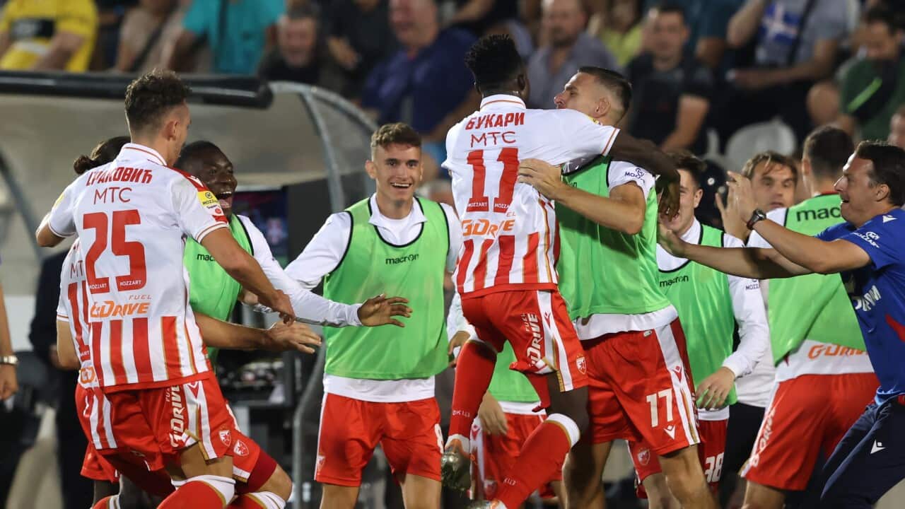 Red Star Belgrade players celebrate winning their 34th Serbian championship title
