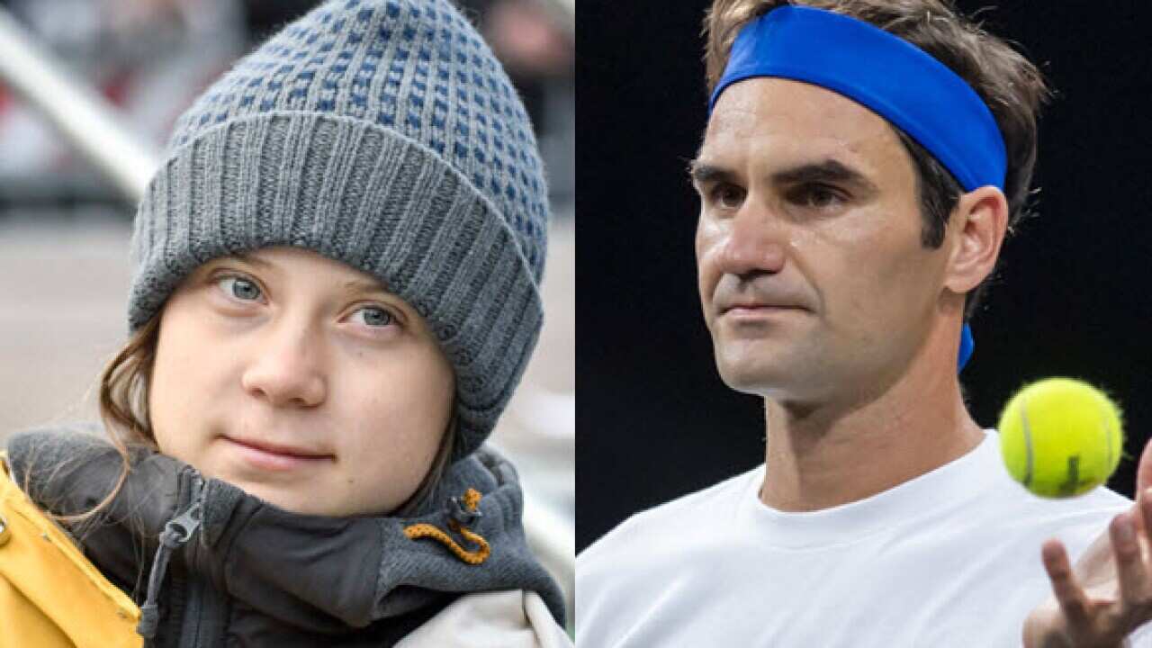 Greta Thunberg (L) and Roger Federer