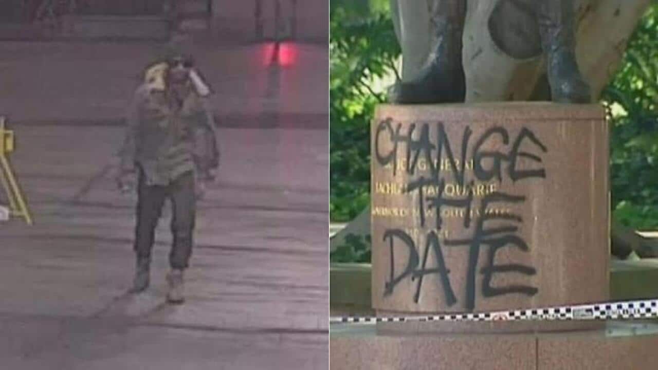 Police have released an image of a man they believe may have been involved in vandalising the statues of Captain Cook, Governor Macquarie and Queen Victoria. (NSW Police )