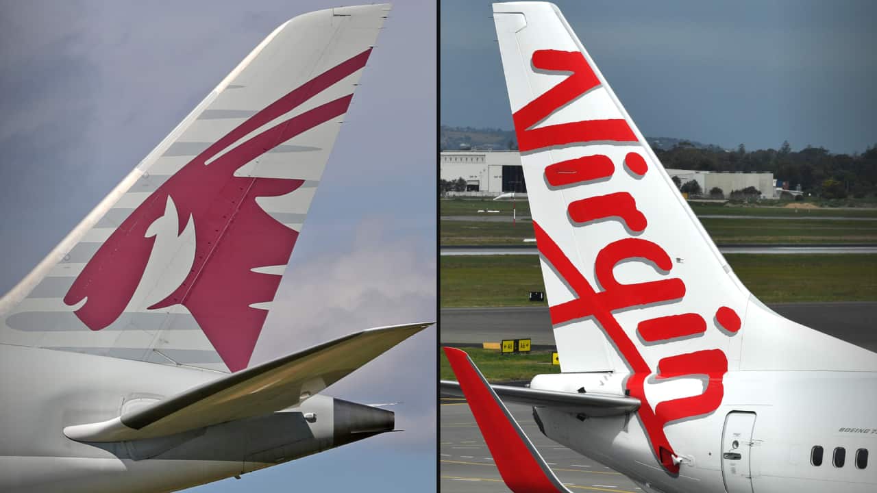 A split image. On the left is the tail of a Qatar Airways plane. On the right is the tail of a Virgin Australia plane.