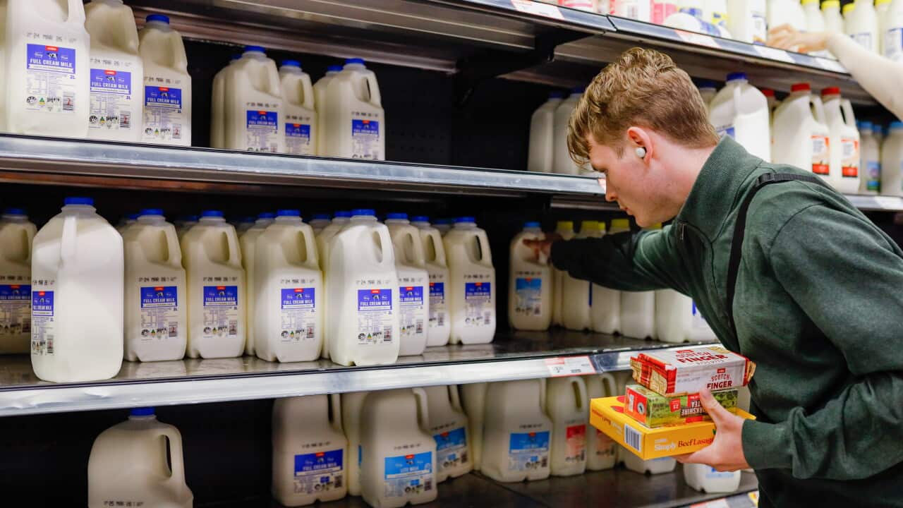 A man pulling a bottle of milk from a supermarket shelf.