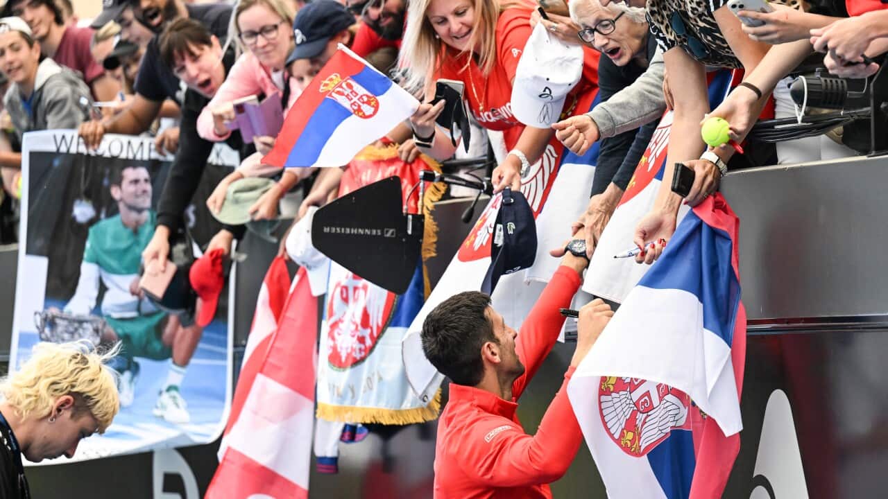 Novak Djokovic of Serbia greets his fans during the 2023 Adelaide International Tennis Tournament