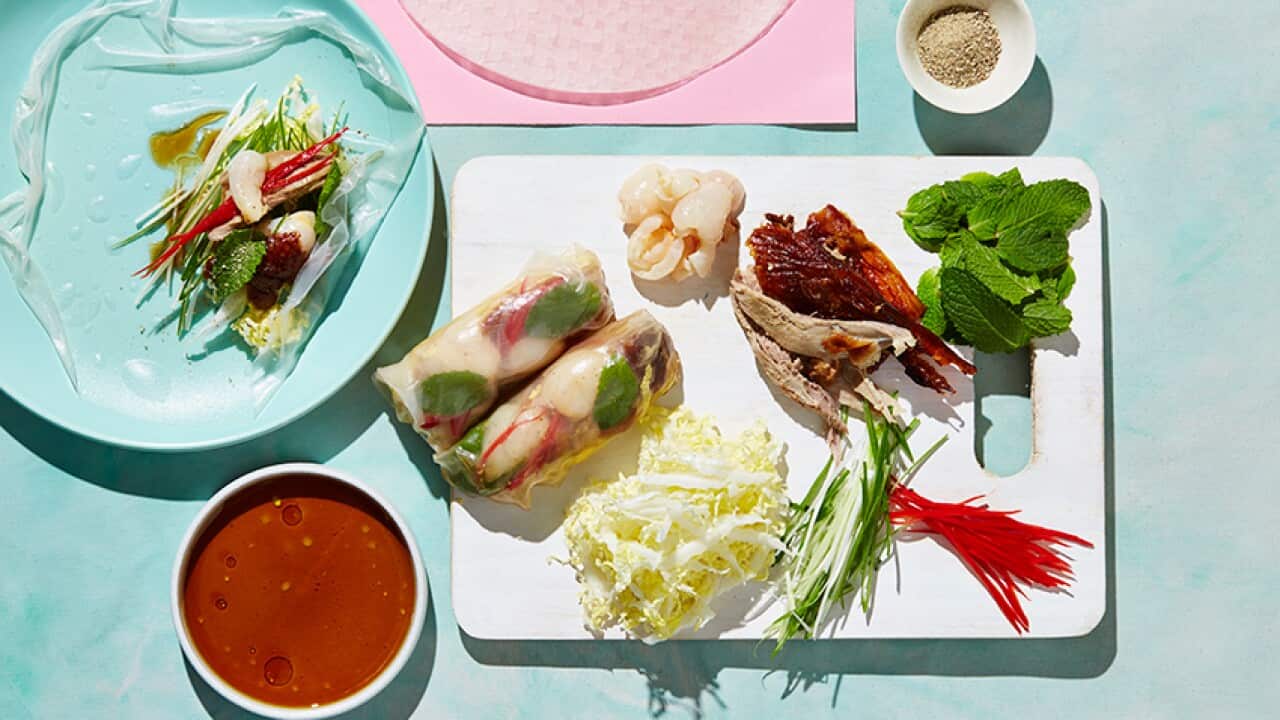 Roast duck and rice paper rolls