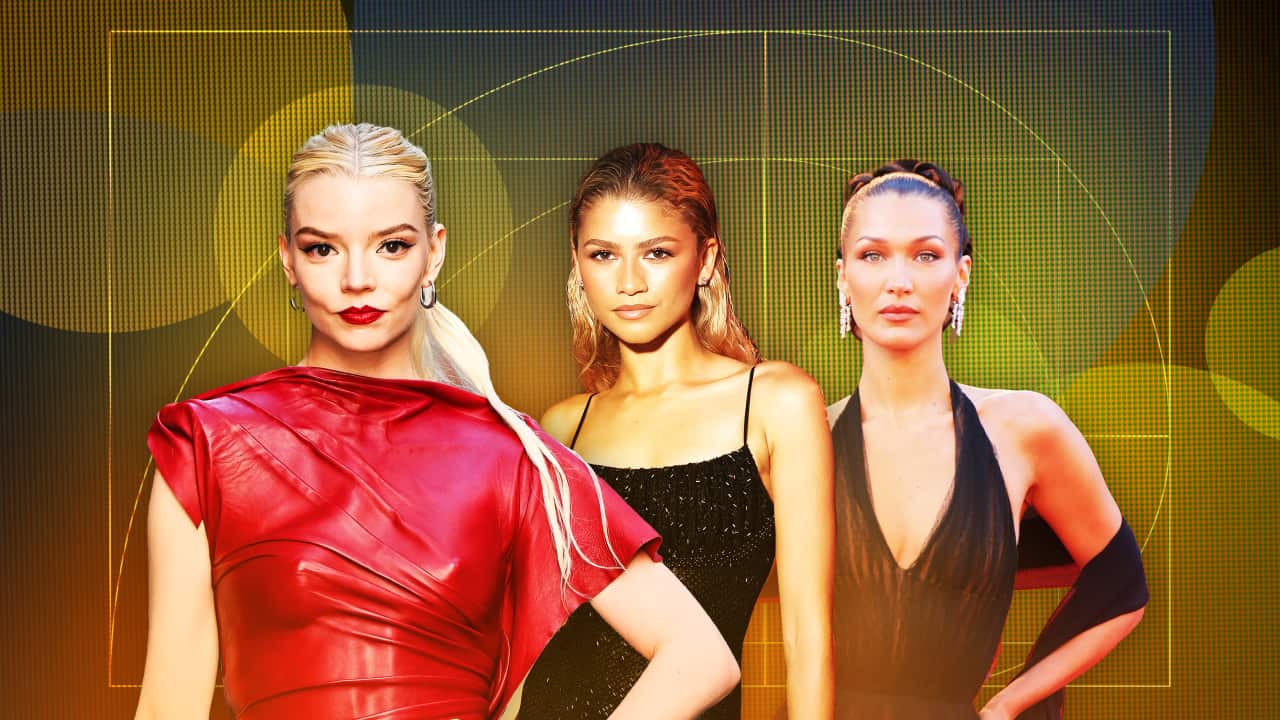 A graphic compilation of three women. Two are wearing black dresses, and one is wearing a red dress. Behind them is a spiral pattern.