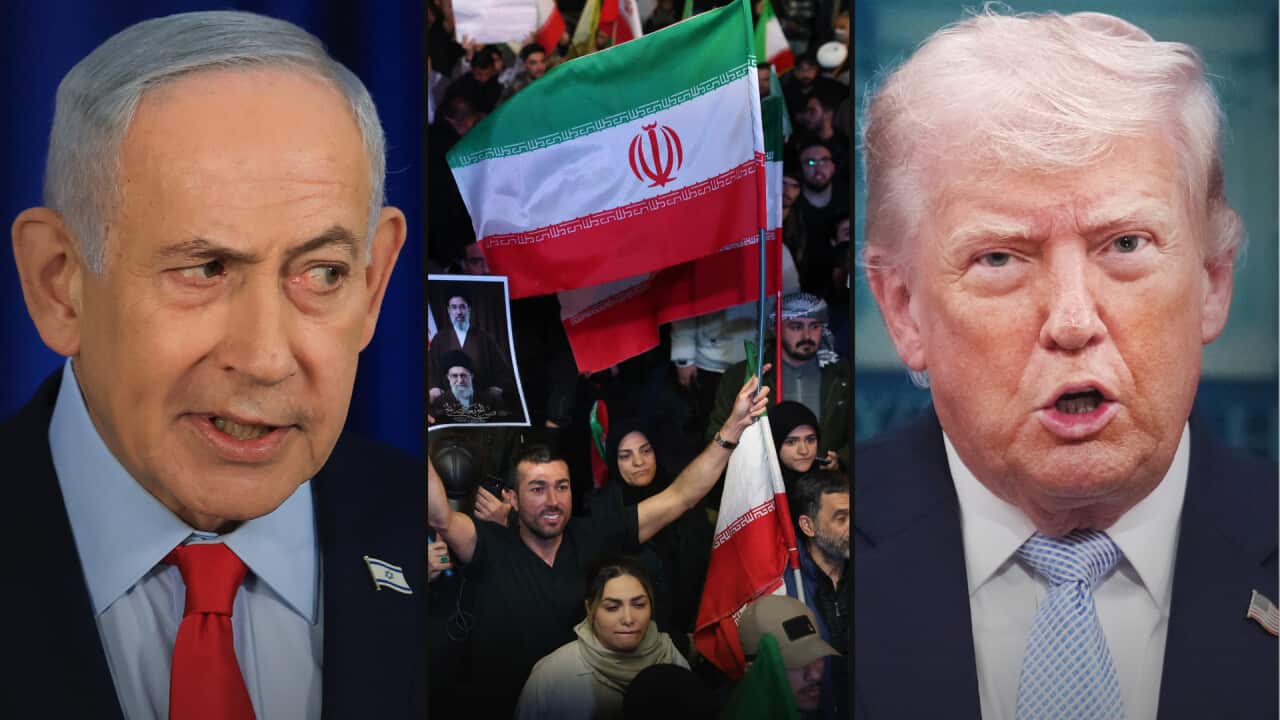A composite image showing Israeli Prime Minister Benjamin Netanyahu, Iranian demonstrators in Tehran, and US President Donald Trump.