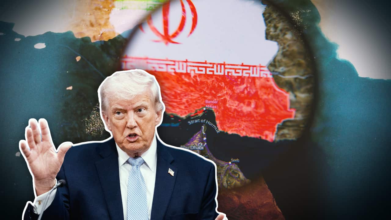 A political graphic features Donald Trump speaking in the foreground against a background map of the Strait of Hormuz overlaid with the Iranian flag.