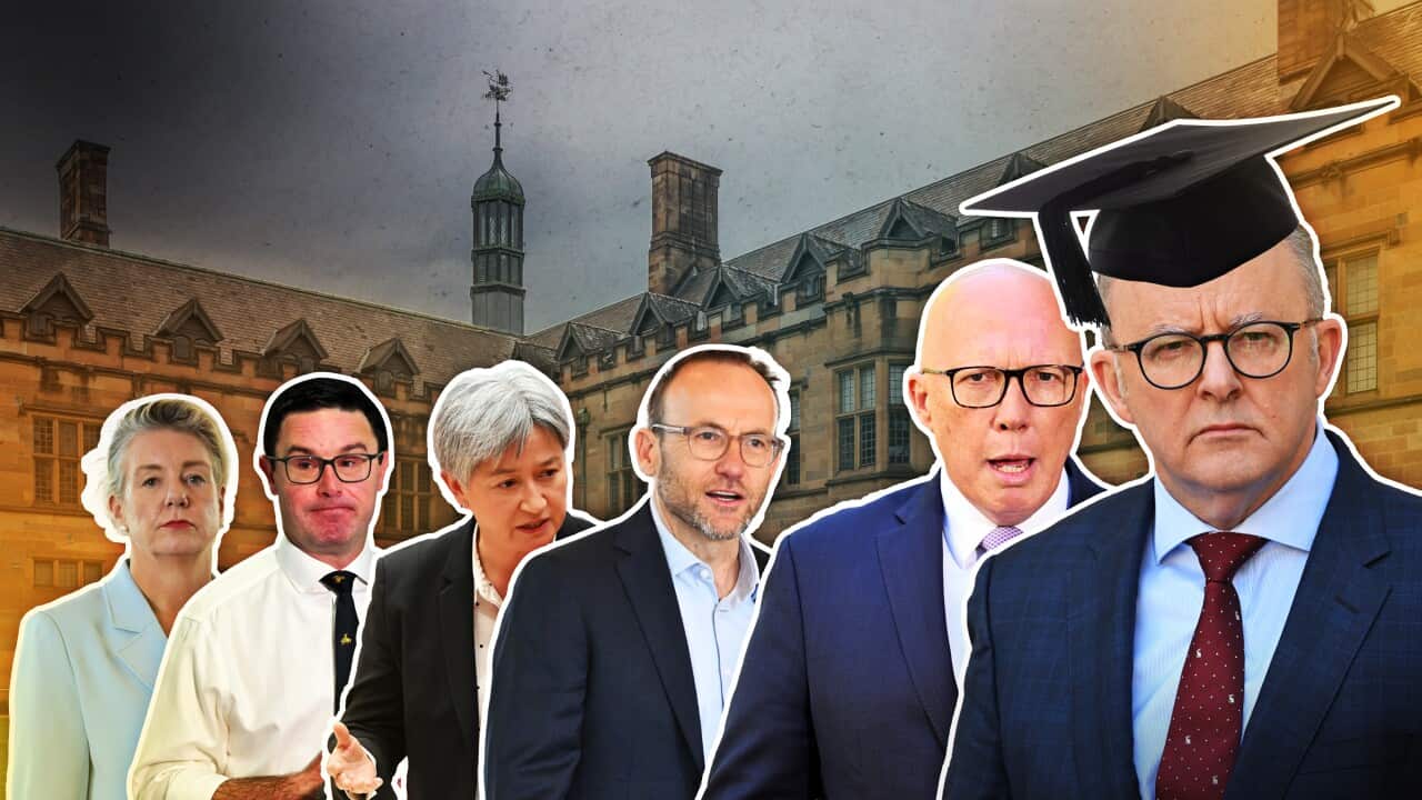 A series of politicians including Labor, Liberal and Greens leaders against the backdrop of a university.