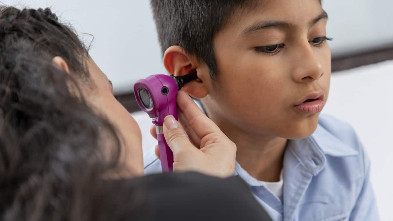Latina doctor checking the ear of a child with a lamp, in her medical office