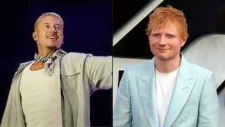 A composite image of a man smiling as he performs on a stage on the left, and another man posing for a photo on the right