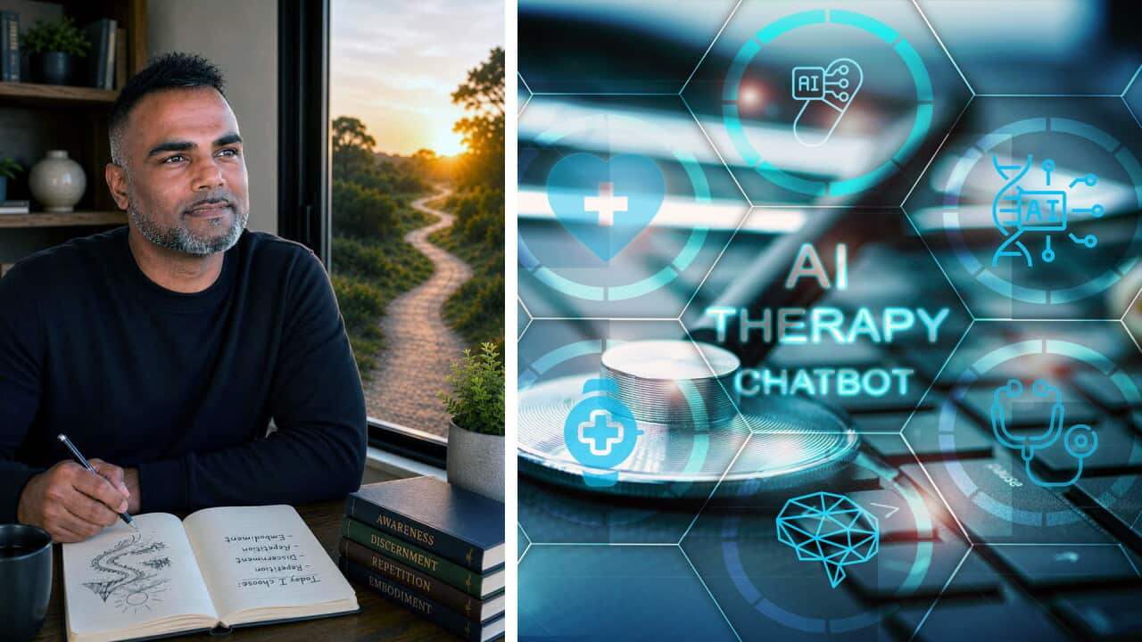 Left: Gowriharan Thanabalasingam, an identity and behavioural coach, content creator, public speaker, and a counsellor (supplied); Right: AI Therapy Chatbot - Futuristic Medical Technology Interface with Stethoscope and Digital Hexagon Icons