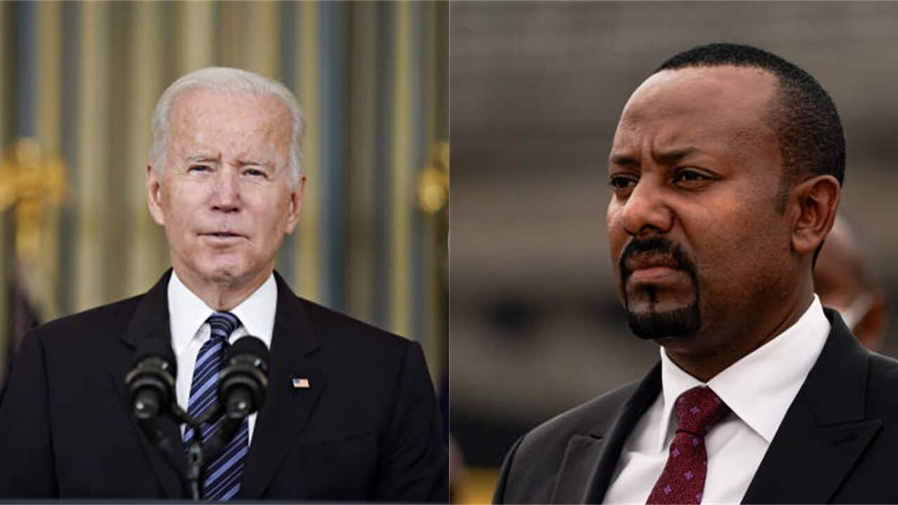 U.S. President Joe Biden (L) and Ethiopian Prime Minister Abiy Ahmed (R).