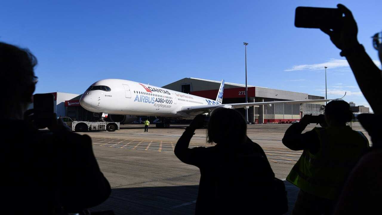 The new Qantas Airbus A350-1000 arrives at Sydney Domestic Airport