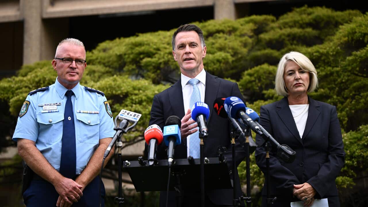 CHRIS MINNS PRESSER (L-R) NSW Police Commissioner Mal Lanyon, NSW Premier Chris Minns, and NSW Minister for Police and Counter-terrorism Yasmin Catley speak to media during a press conference at NSW Parliament in Sydney, New South Wales, Tuesday, February 10, 2026. (AAP Image/Bianca De Marchi) NO ARCHIVING