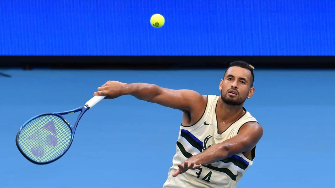 Nick Kyrgios practises in Brisbane