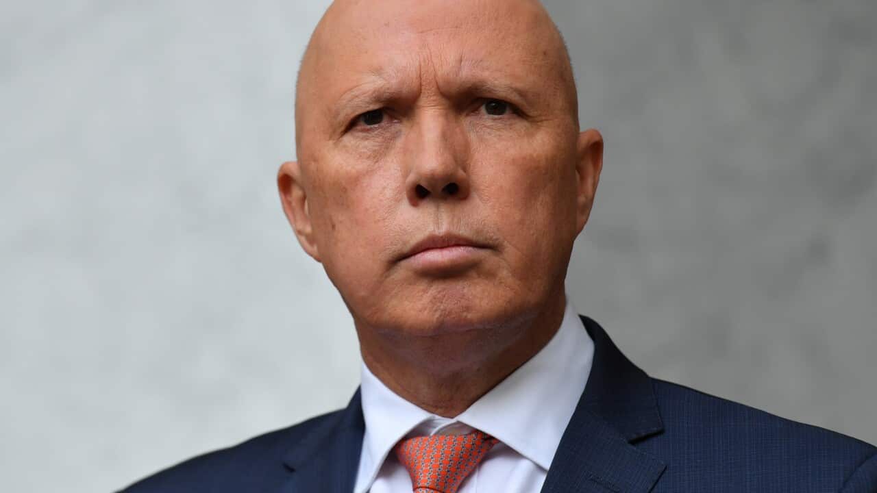 Opposition leader Peter Dutton in a suit looking directly at the camera.