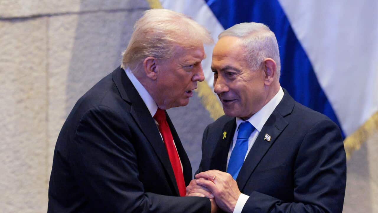 Donald Trump and Benjamin Netanyahu shaking hands in front of an Israeli flag.