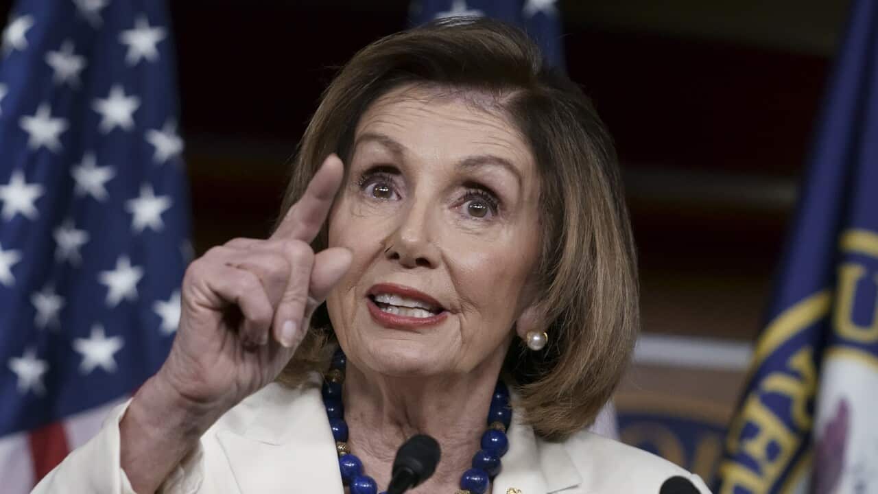 Speaker of the House Nancy Pelosi with reporters at her weekly news conference in Washington.