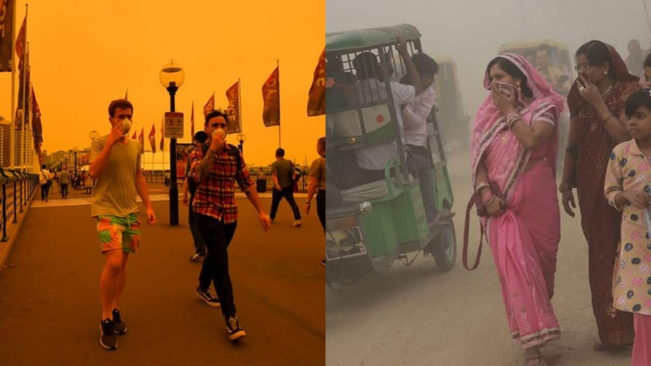 Pedestrians in Sydney (left) and New Delhi (right)