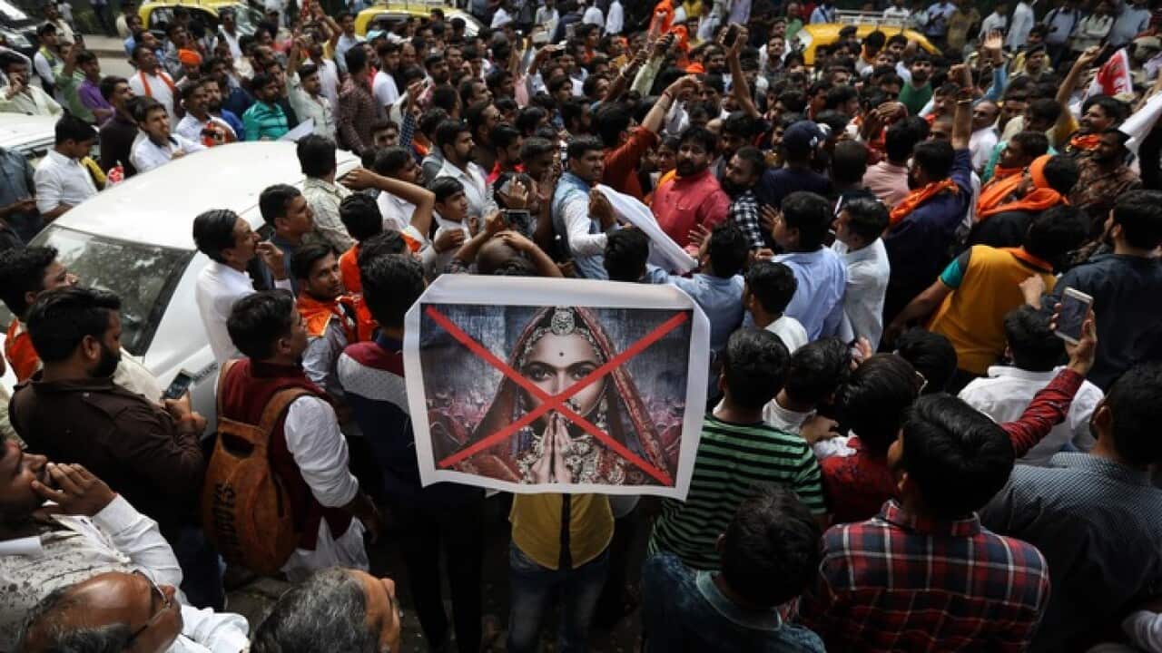 Shri Rajput Karni Sena members during a protest against the release of upcoming Bollywood movie 'Padmavat' in Mumbai,12 Jan 2018.
