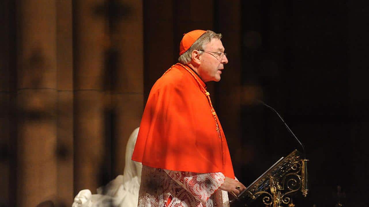 A Sunday, Sept. 11, 2011 file photo of Archbishop of Sydney, Cardinal George Pell, speaking during an interfaith memorial service at St. Mary's Cathedral. (AAP)
