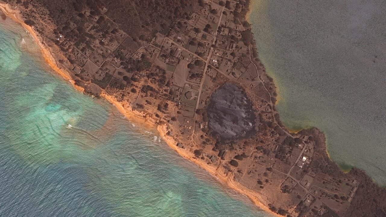 Destroyed homes on Nomuka island, Tonga on 20 January 2022.