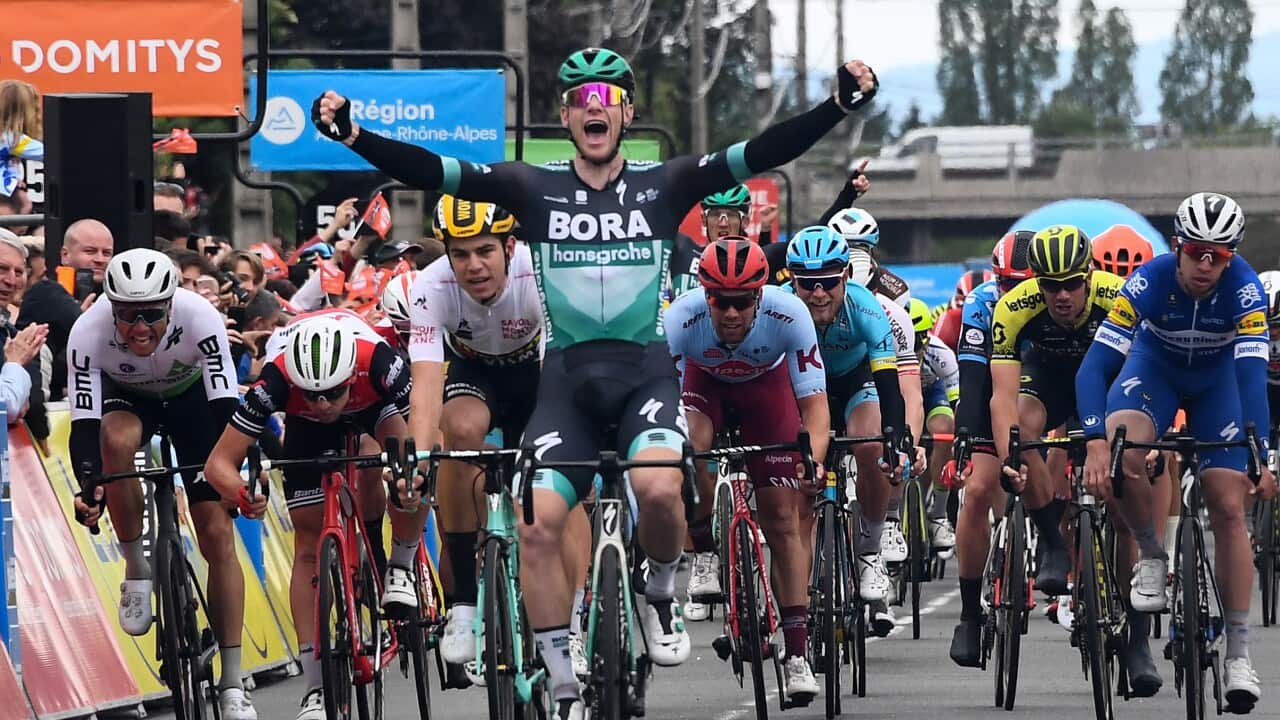 Bora-Hansgrohe's Sam Bennett celebrates his victory on the third stage of the 2019 Criterium du Dauphine (Getty)