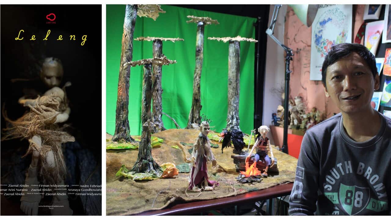 Photo 1: Official poster of Leleng. Photo 2: Zainal Abidin, the director and the animation props. Credit: Lanting Animation production house.