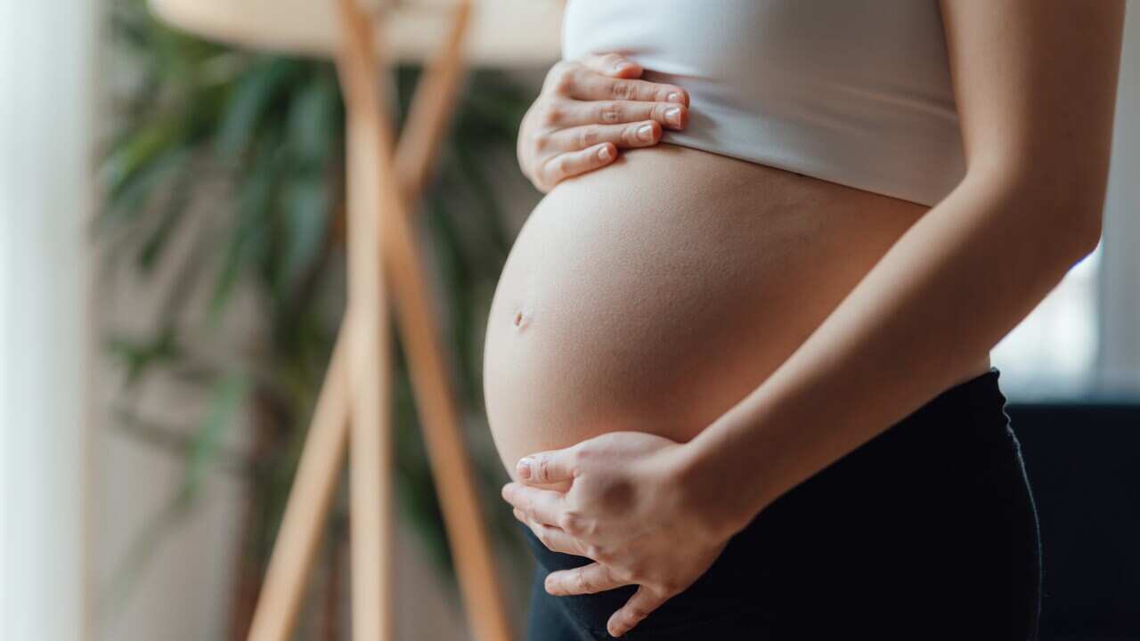 Midsection of Pregnant Woman Holding Her Belly