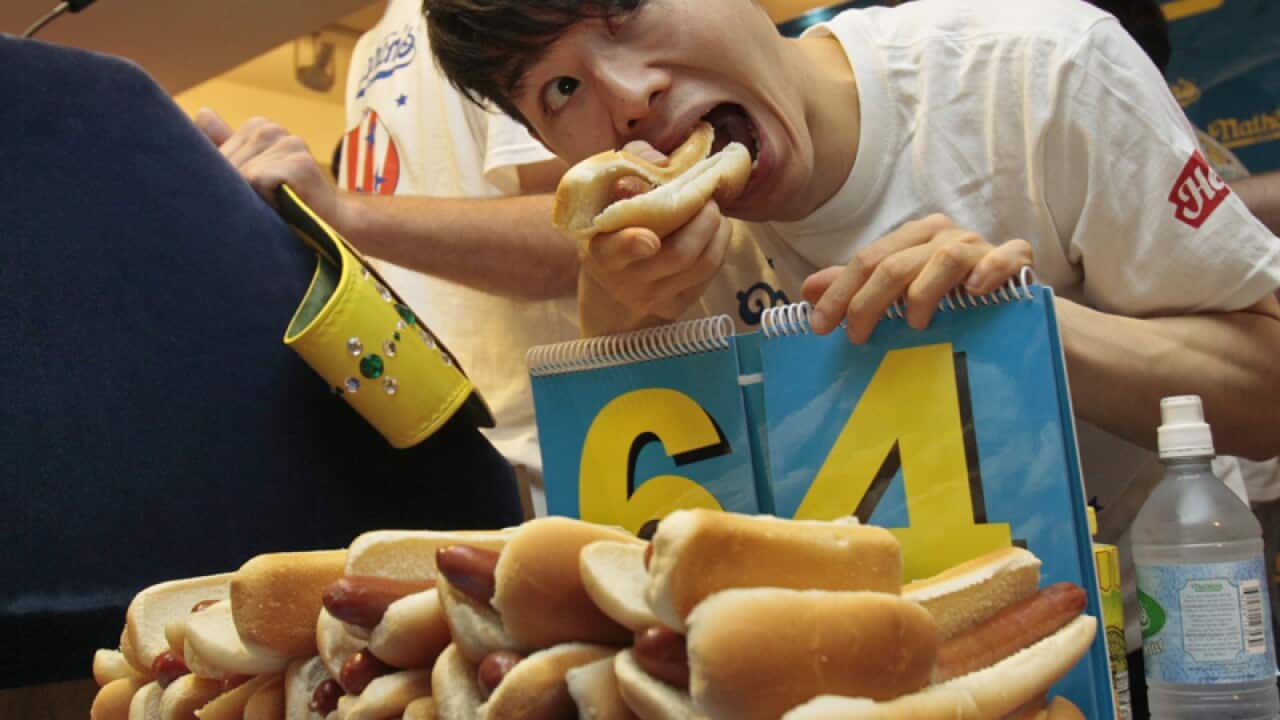 A hot dog eating contest in Japan