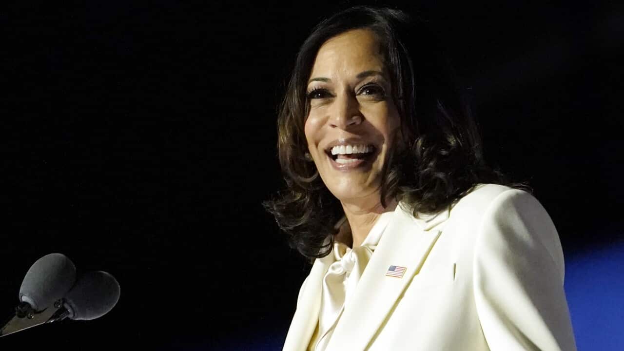 Vice President-elect Kamala Harris speaks at a Joe Biden victory rally.