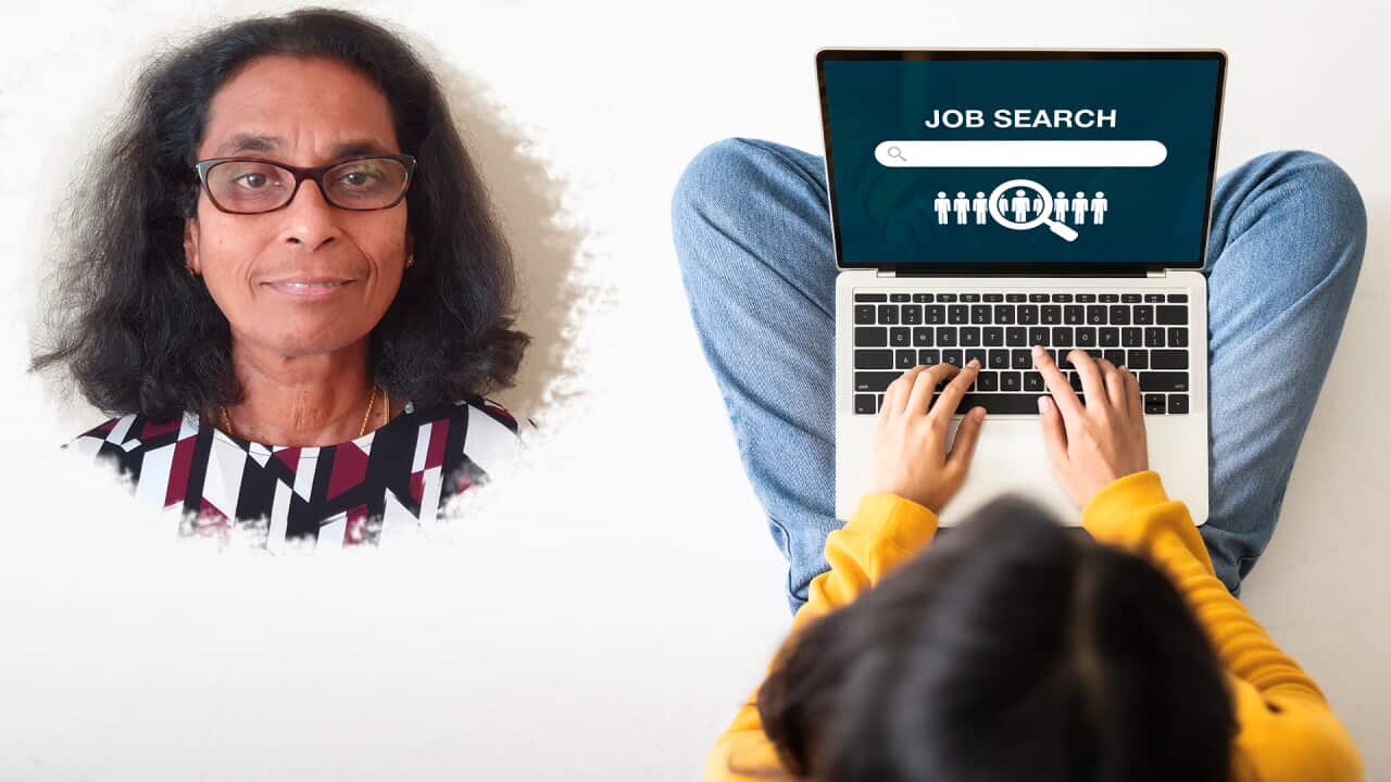 Top view of woman sitting on floor and using laptop job search. Online recruitment career business company concept. Panoramic image with empty copy space; Left: Subi Nanthivarman