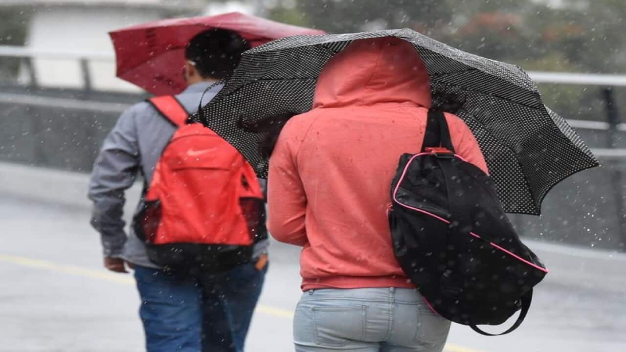 Pedestrians walk through rainy weather.
