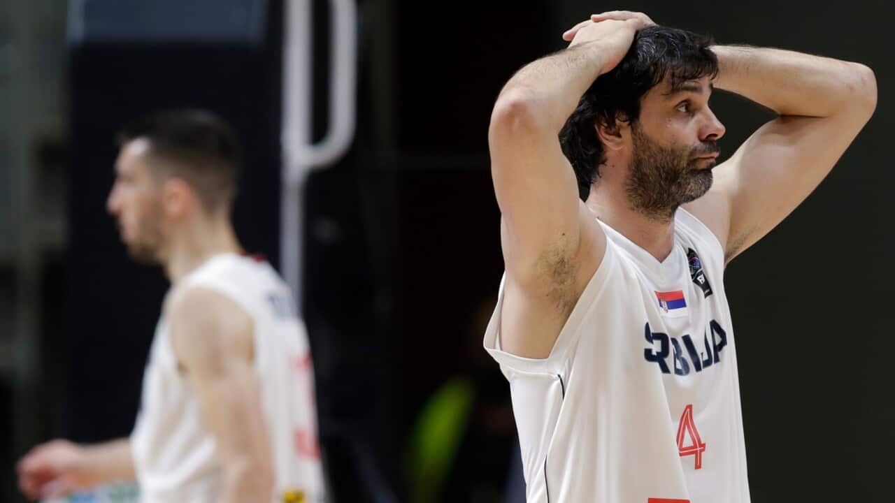 epa09322759 Serbia's Milos Teodosic reacts during the Men’s Basketball Olympic Qualifying Tournament final game between Serbia and Italy in Belgrade, Serbia, 04 July 2021. EPA/ANDREJ CUKIC