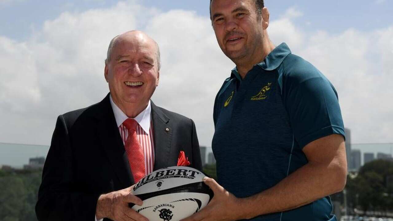 Barbarians coach Alan Jones (L) and Wallabies coach Michael Cheika