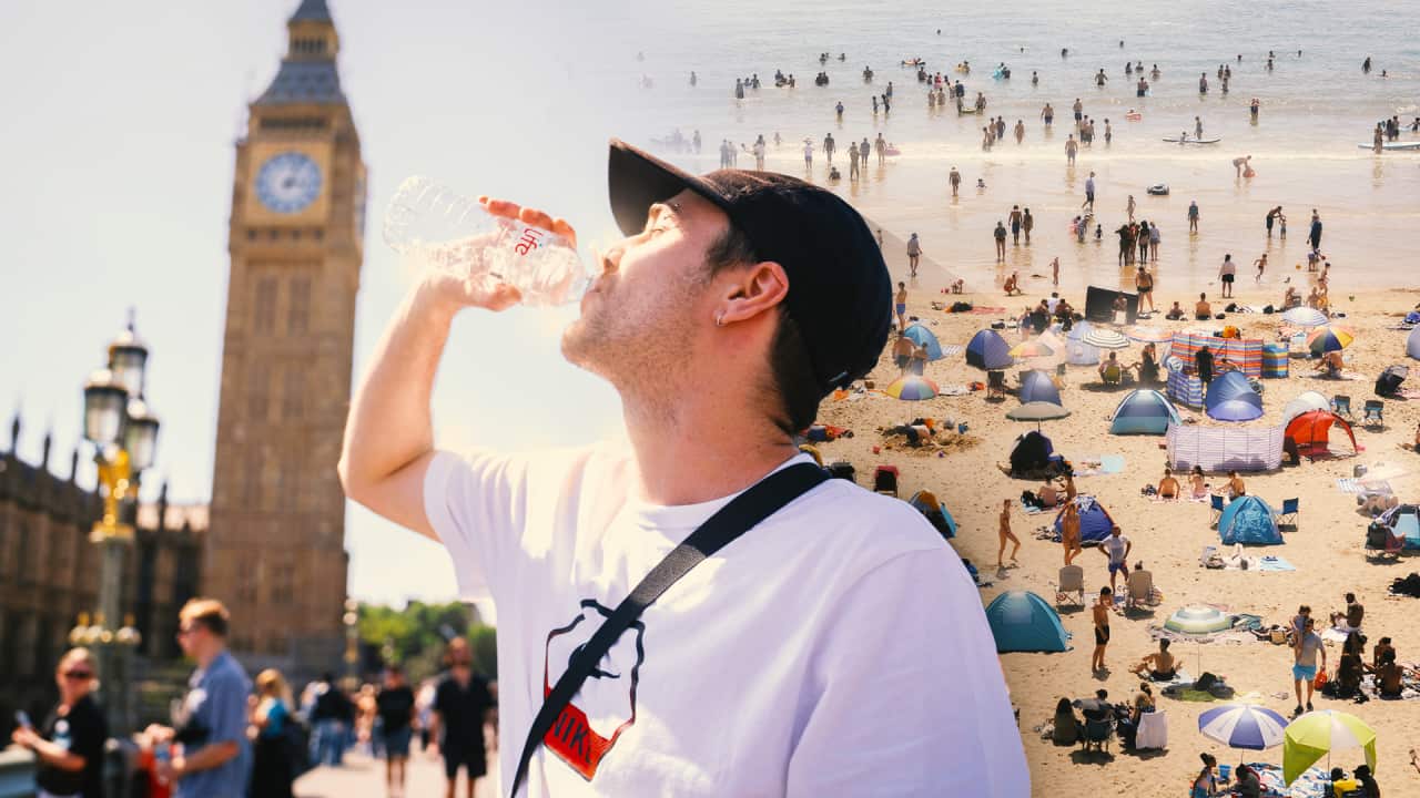 A collage image shows a man drinking a bottle of water in front of the Big Ben clocktower of London and a beach with many umbrellas and tents.