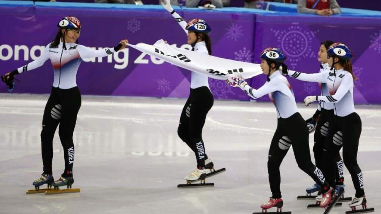 Short Track Speed Skating Events - Pyeongchang 2018 Winter Olympics - Women's 3000 m Final - Gangneung Ice Arena - Gangneung, South Korea - February 20, 2018 - Shim Sukhee, Minjeong Choi, Kim Alang and Kim Yejin of South Korea celebrate.