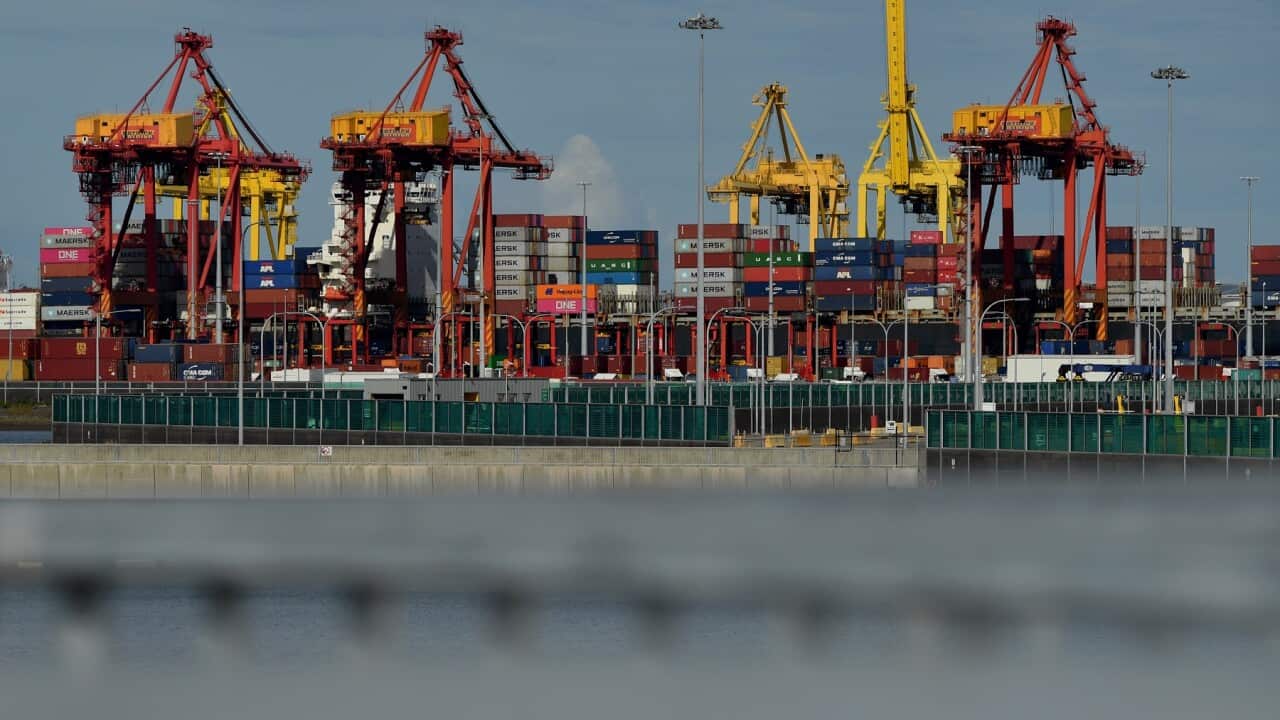Containers sit idle at the Port Botany container terminal in Sydney, Sunday, May 2, 2021.