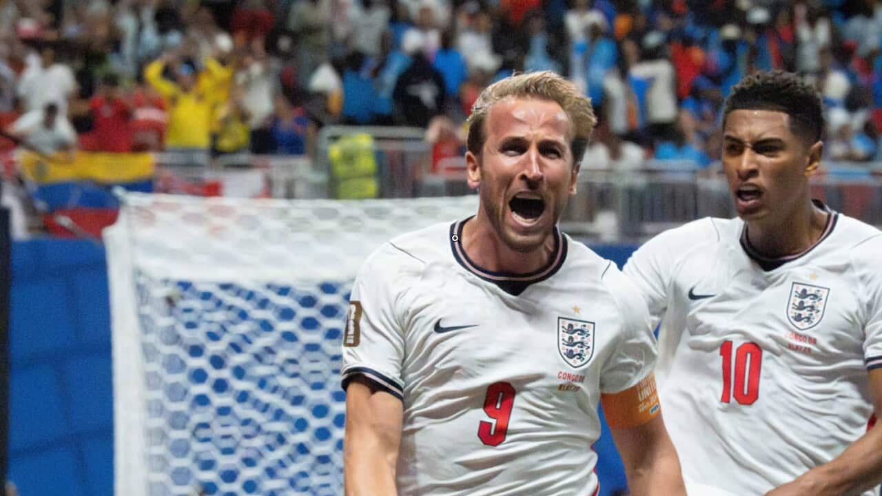 Harry Kane festeggia dopo aver segnato il primo goal contro la RD del Congo.