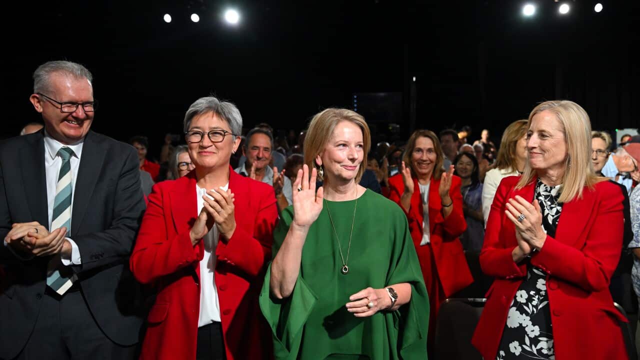 Home Affairs Minister Tony Burke, Foreign Affairs Minister Penny Wong, former Prime Minister Julia Gillard, and Finance Minister Katy Gallagher clap while at the Labor party's election campaign launch.