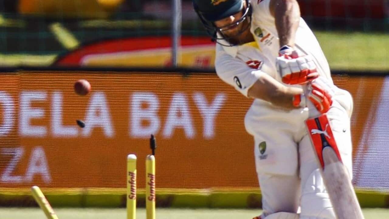 Mitchell Marsh is bowled out by South Africa's Kagiso Rabada.
