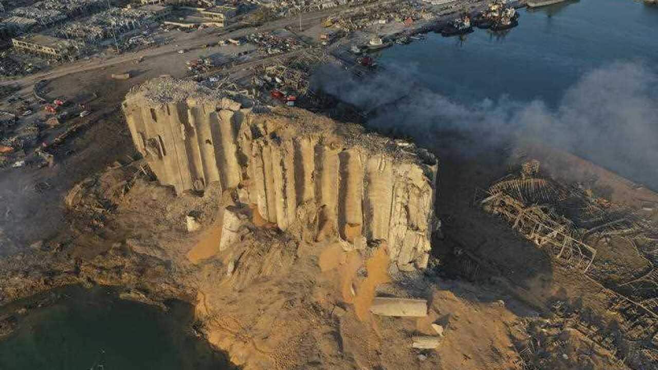The destroyed silo sits in rubble and debris after an explosion at the seaport of Beirut, Lebanon, Lebanon, Wednesday, Aug. 5, 2020