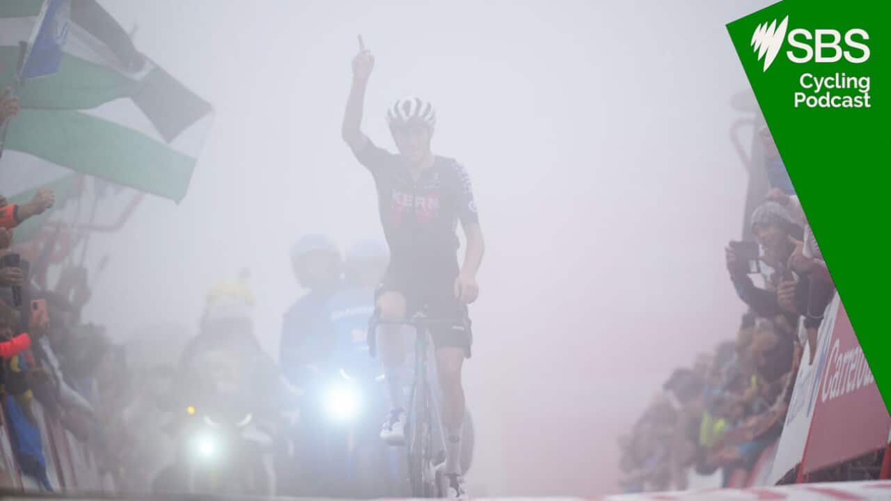 PAJARES, SPAIN - SEPTEMBER 01: Pablo Castrillo of Spain and Team Equipo Kern Pharma celebrates at finish line as stage winner during the La Vuelta - 79th Tour of Spain 2024, Day 15 a 143km stage from Infiesto to Valgrande-Pajares. Cuitu Negru 1835m / #UCIWT / on September 01, 2024 in Pajares, Spain. (Photo by Tim de Waele/Getty Images)