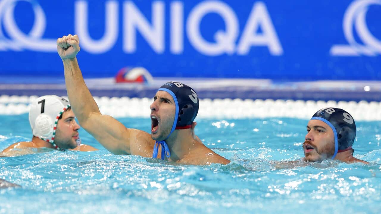 Serbia's Strahinja Rasovic celebrates after scoring against Hungary at the European Aquatics Men's Water Polo Championship match