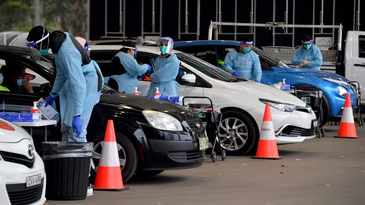 Members of the public and health workers at a pop up Covid testing clinic at the Fairfield Showgrounds in Sydney.