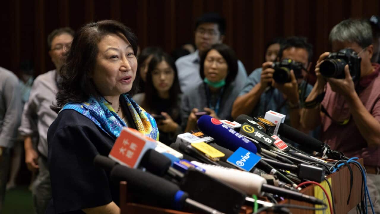 Hong Kong's Secretary for Justice Teresa Cheng talks to media after Legislative Council formally withdrew an extradition bill, in Hong Kong.
