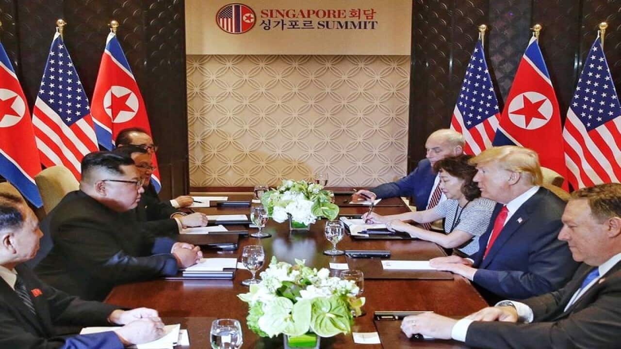Kim Jong-un and Donald Trump during their bilateral meeting