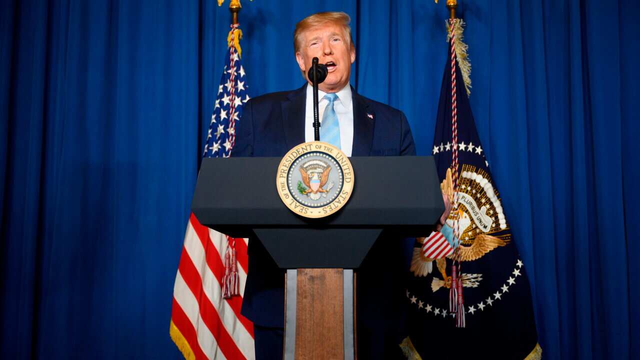 US President Donald Trump makes a statement on Iran at the Mar-a-Lago estate in Palm Beach Florida.