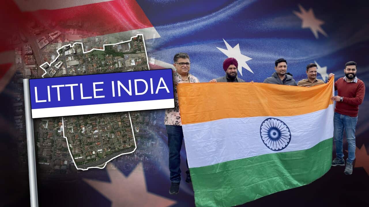 A composite image of a street sign reading 'Little India' and a group of men holding the Indian flag