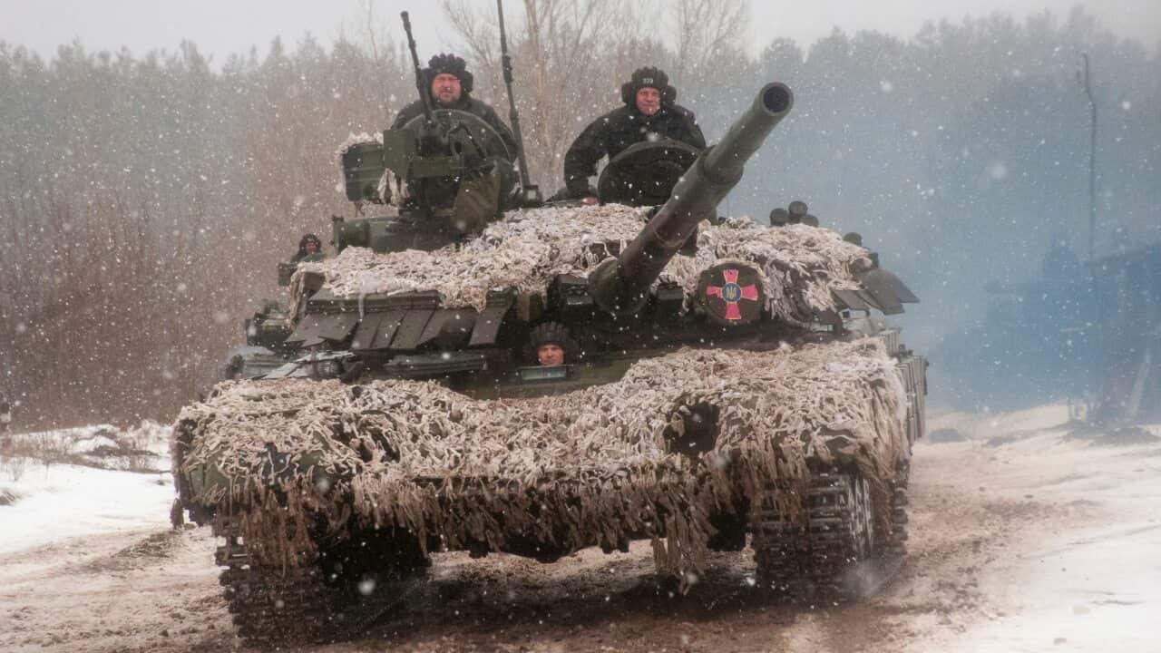 A Ukrainian tank moves during military drills close to Kharkiv, Ukraine.