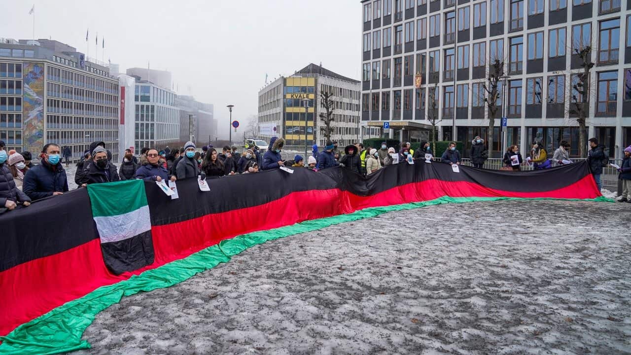 People demonstrate against the Taliban being in Norway outside the Ministry of Foreign Affairs in Oslo